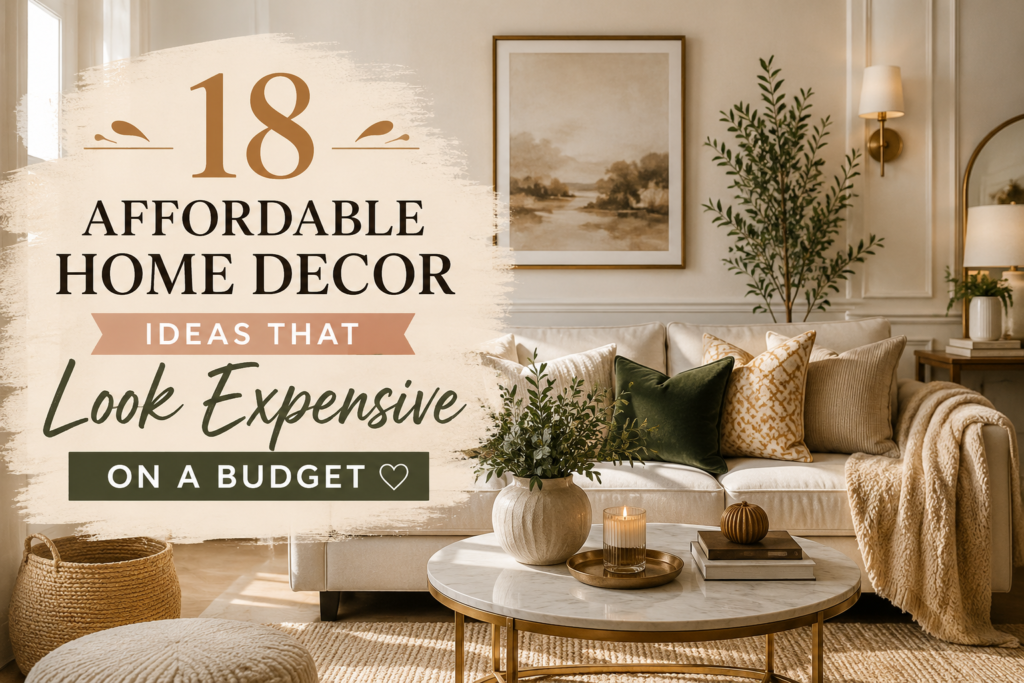 Elegant neutral living room with affordable home decor ideas that look expensive on a budget