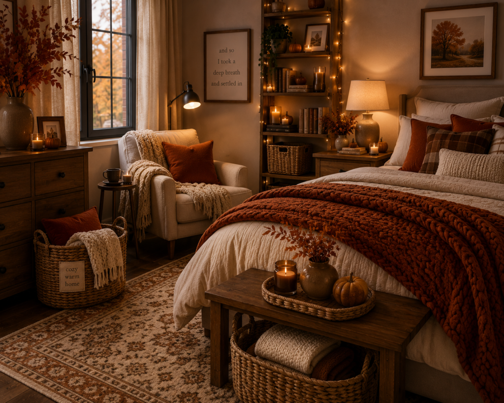 Add a Woven Basket for Extra Storage cozy fall bedroom ideas