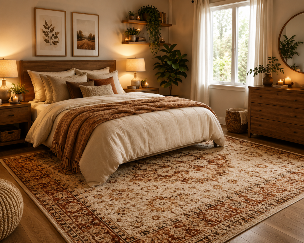 Cozy bedroom with a warm patterned area rug, soft bedding, natural wood furniture, and warm lighting