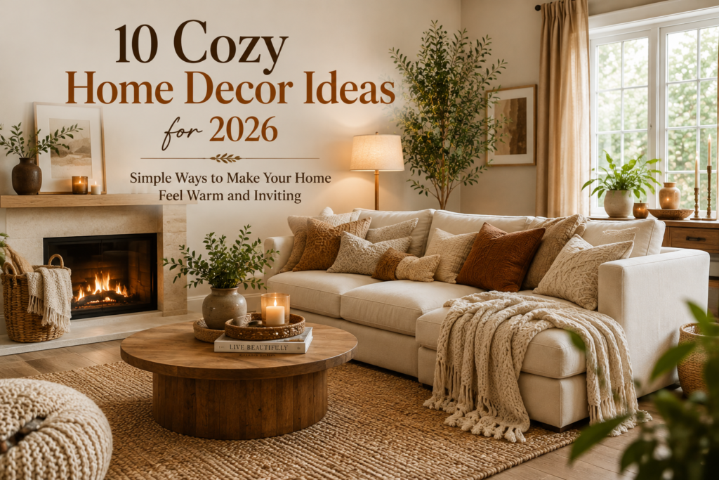 Cozy living room with warm neutral decor, natural wood, soft textures, greenery, and warm lighting