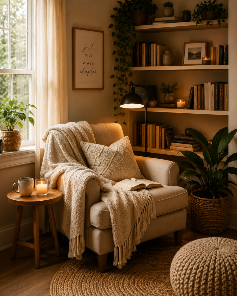 Cozy reading corner with a comfortable armchair, soft throw, books, warm lighting, and indoor plants
