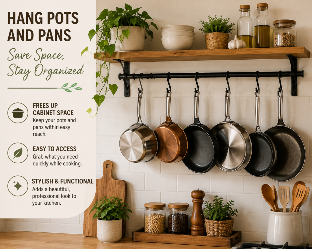 Genius Kitchen Organization Ideas for Small Kitchens for hang pots and pans