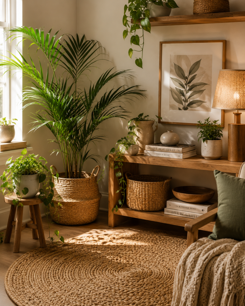 Cozy home corner with lush greenery, woven baskets, natural wood furniture, and earthy decor