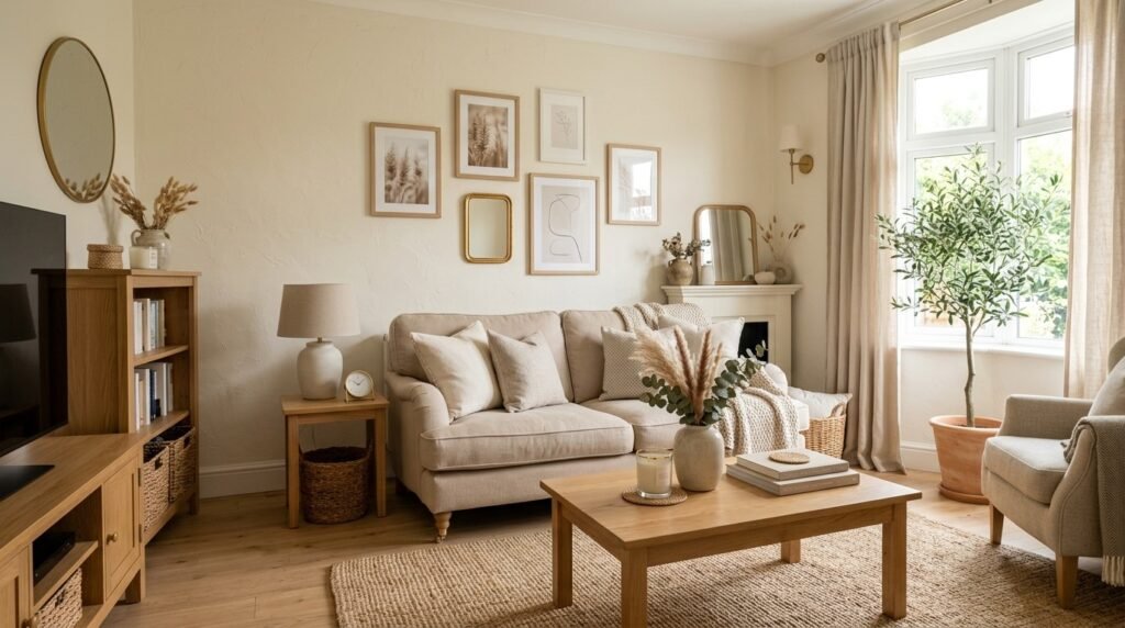 Elegant budget-friendly living room with cream walls, beige sofa, neutral cushions, natural wood furniture, soft curtains, and gold accents.