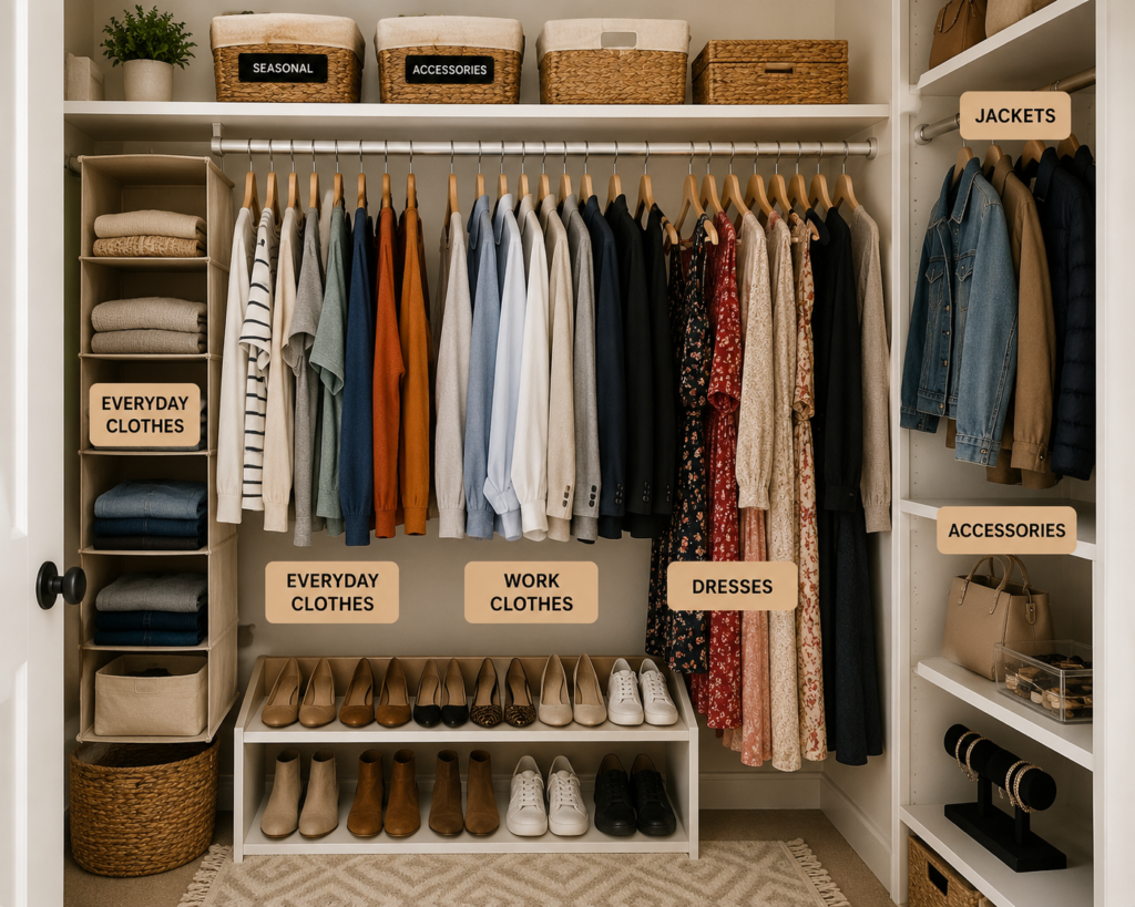 home organization ideas for small spaces  Small closet organized with clothes separated by category