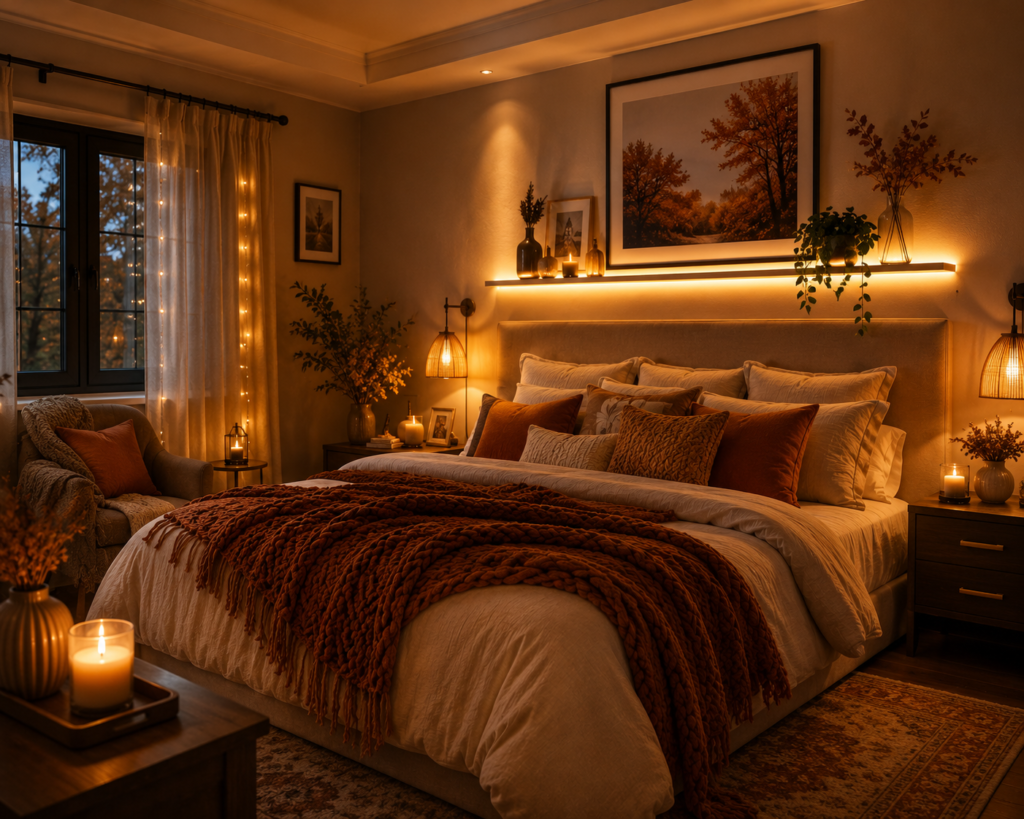 warm lighting cozy fall bed room ideas