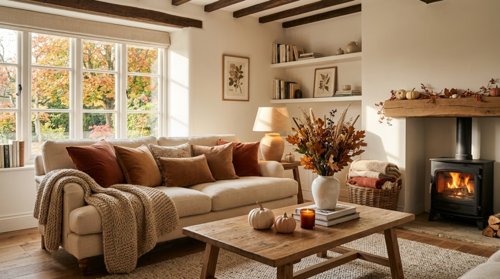 Cosy autumn living room with warm neutral home decor
