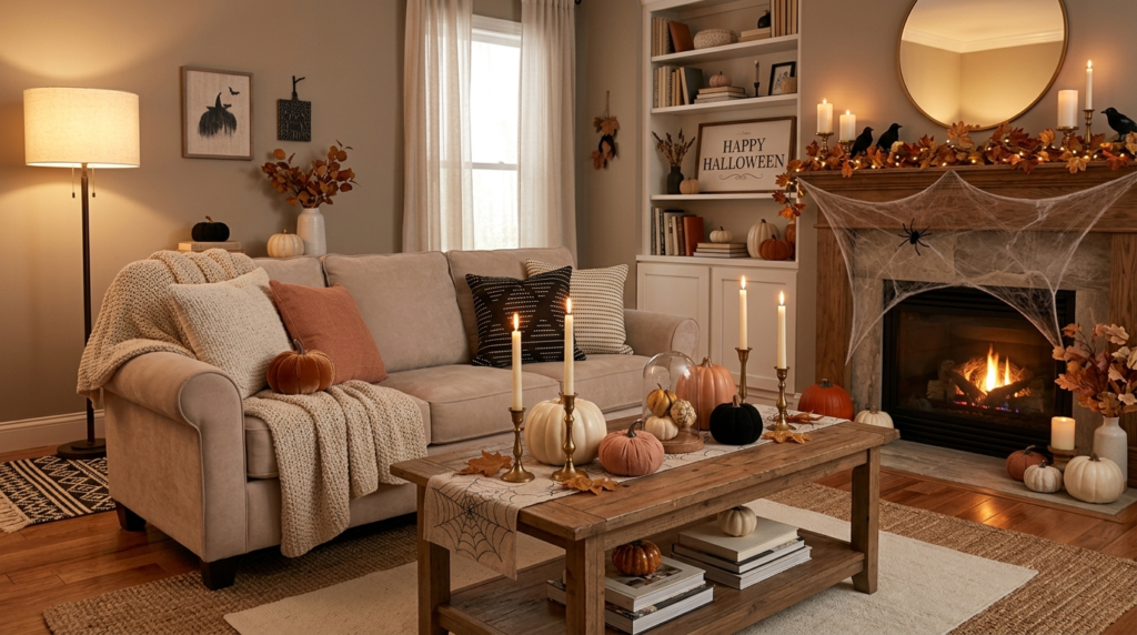 Cozy Halloween living room with pumpkins and warm candlelight